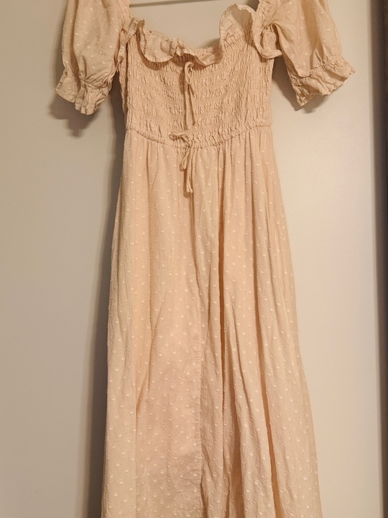 R.Yiposha Dresses & Skirts - Boho Smocked Dress Puff Sleeves | Size Small | Neutral Tone